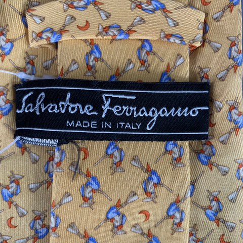 SALVATORE FERRAGAMO Halloween Witches Yellow Multi Color Print Silk Tie