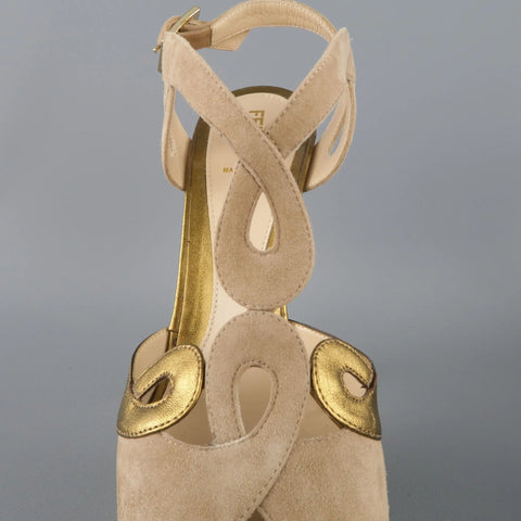 FENDI Size 9 Taupe Suede Metallic Gold Leather Peep Toe Platform Sandals FENDI