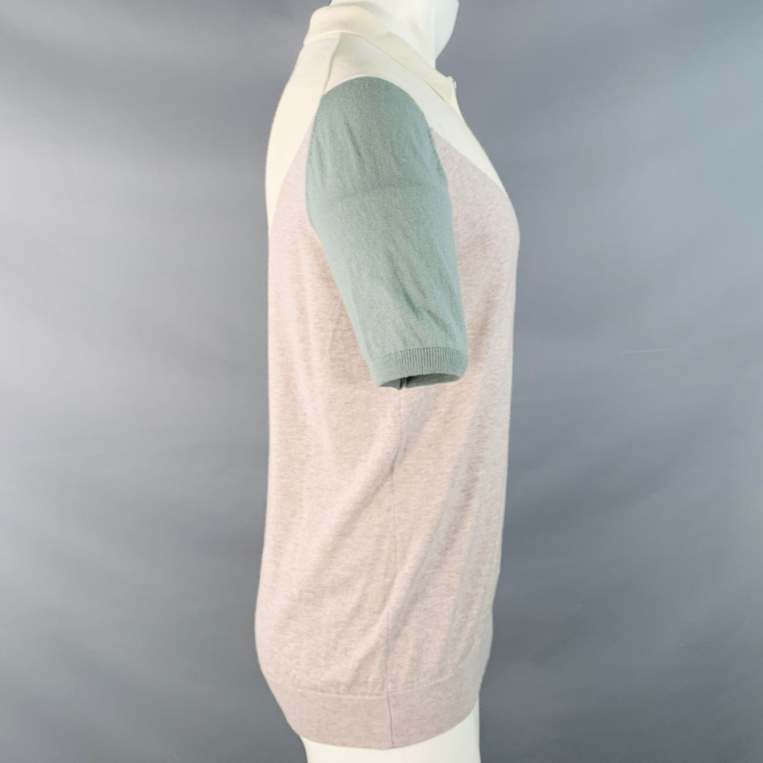 REISS Size M Butler Cream Beige Sage Green Color Block Wool Cotton Jersey Zip Up Polo