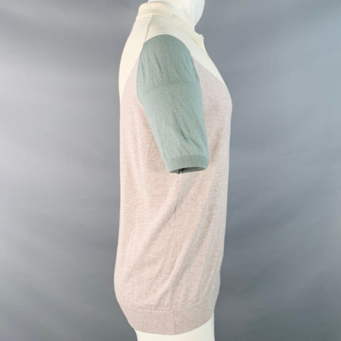 REISS Size M Butler Cream Beige Sage Green Color Block Wool Cotton Jersey Zip Up Polo