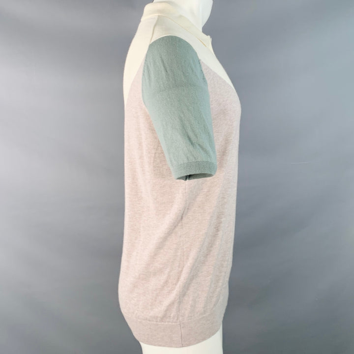 REISS Size M Butler Cream Beige Sage Green Color Block Wool Cotton Jersey Zip Up Polo