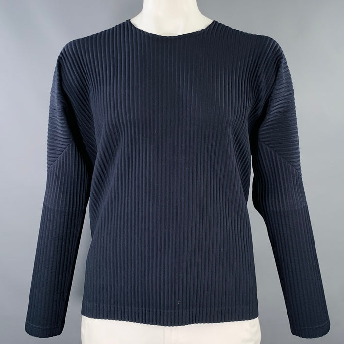 ISSEY MIYAKE HOMME PLISSE Size XL Navy Pleated Polyester Crew Neck Pullover