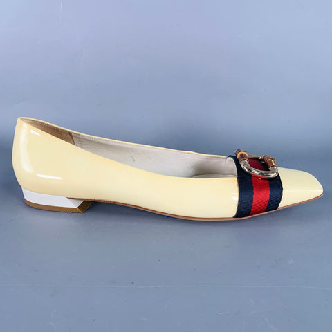 GUCCI Vintage Size 10 Vernice Beige Red Blue Patent Leather Web Bamboo Buckle Flats