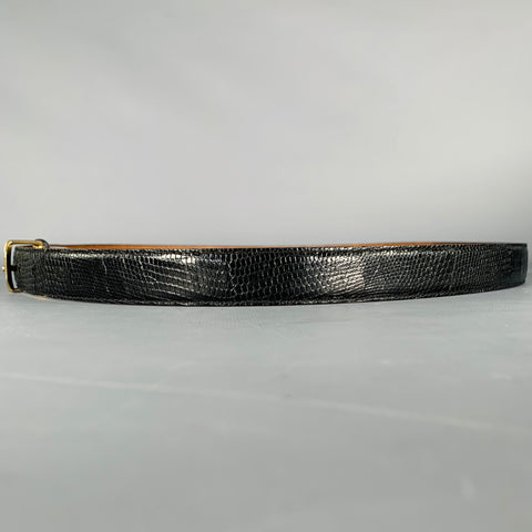 SAKS FIFTH AVENUE Size 40 Black Gold Lizard Leather Brass Belt