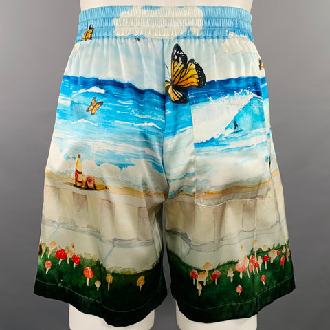 NAHMIAS SS23 Size S Butterfly Beach Blue Beige Print Silk Blend Drawstring Shorts