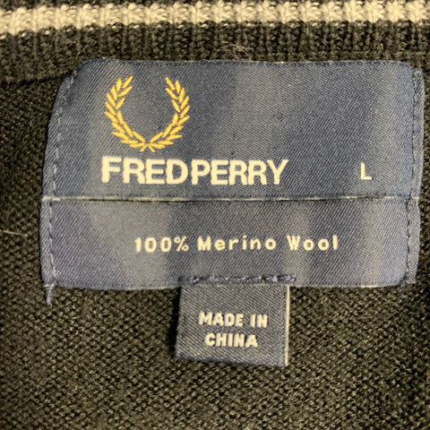 FRED PERRY Size L Black Merino Wool V-Neck Pullover