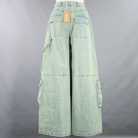 PRIVATE POLICY Size L Giant Cargo Blue Denim Acid Wash Baggy Casual Pants