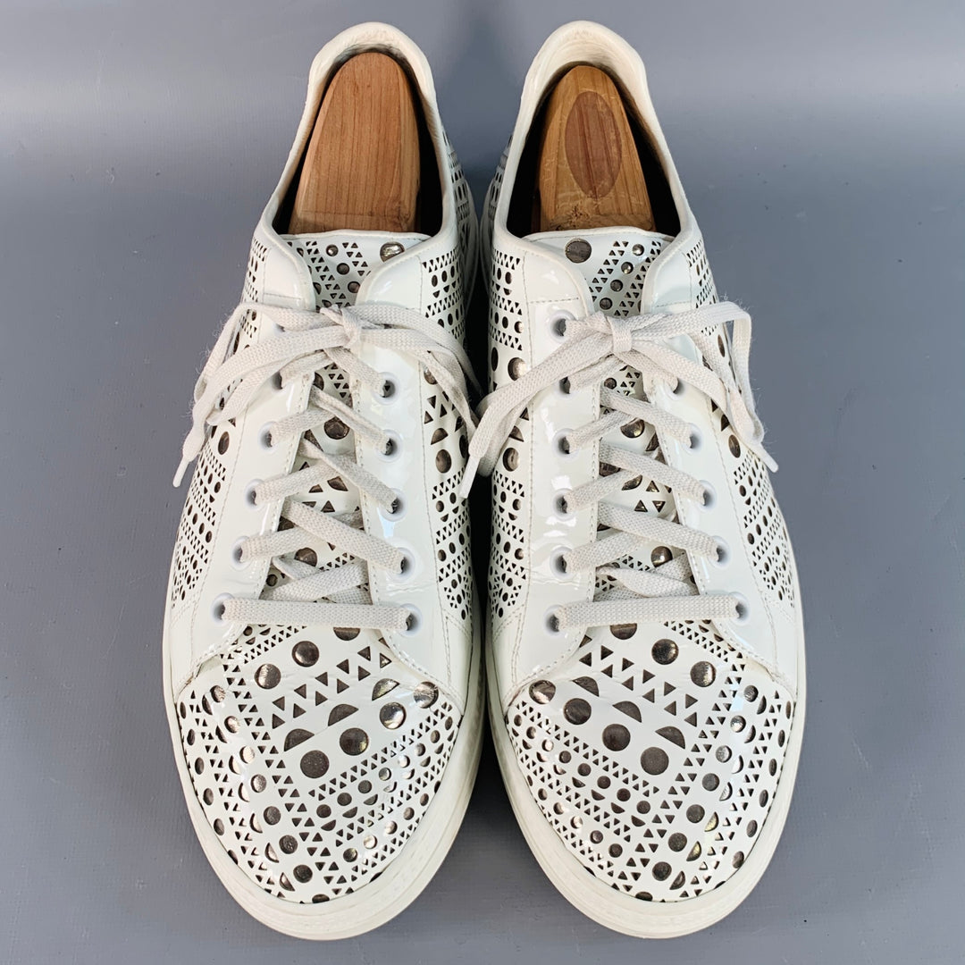 ALAIA Size 9 White Silver Perforated Patent Leather Low Top Sneakers