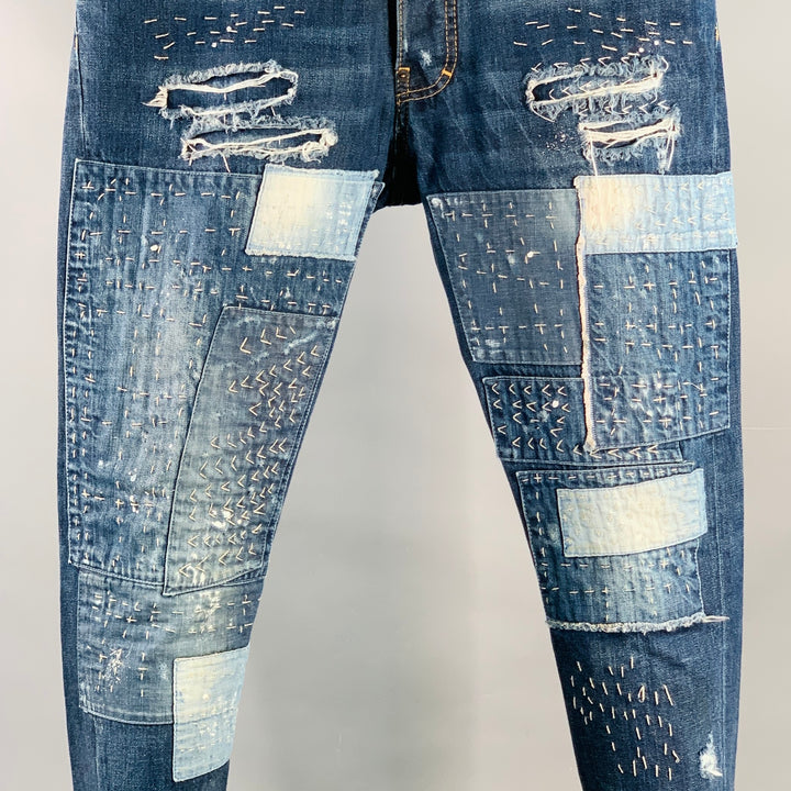 DSQUARED2 Size 32 Indigo Sashiko Distressed Denim Button Fly Jeans