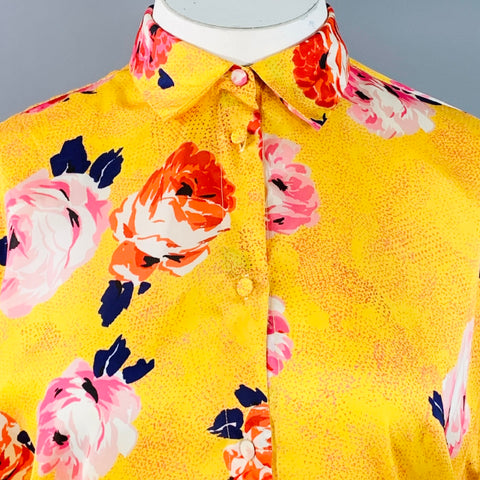 MSGM Size L Yellow Multi Color Satin Floral Button Up Shirt