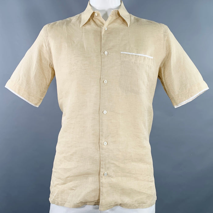 BRIONI Size XL Beige White Contrast Trim Linen One Pocket Short Sleeve Shirt