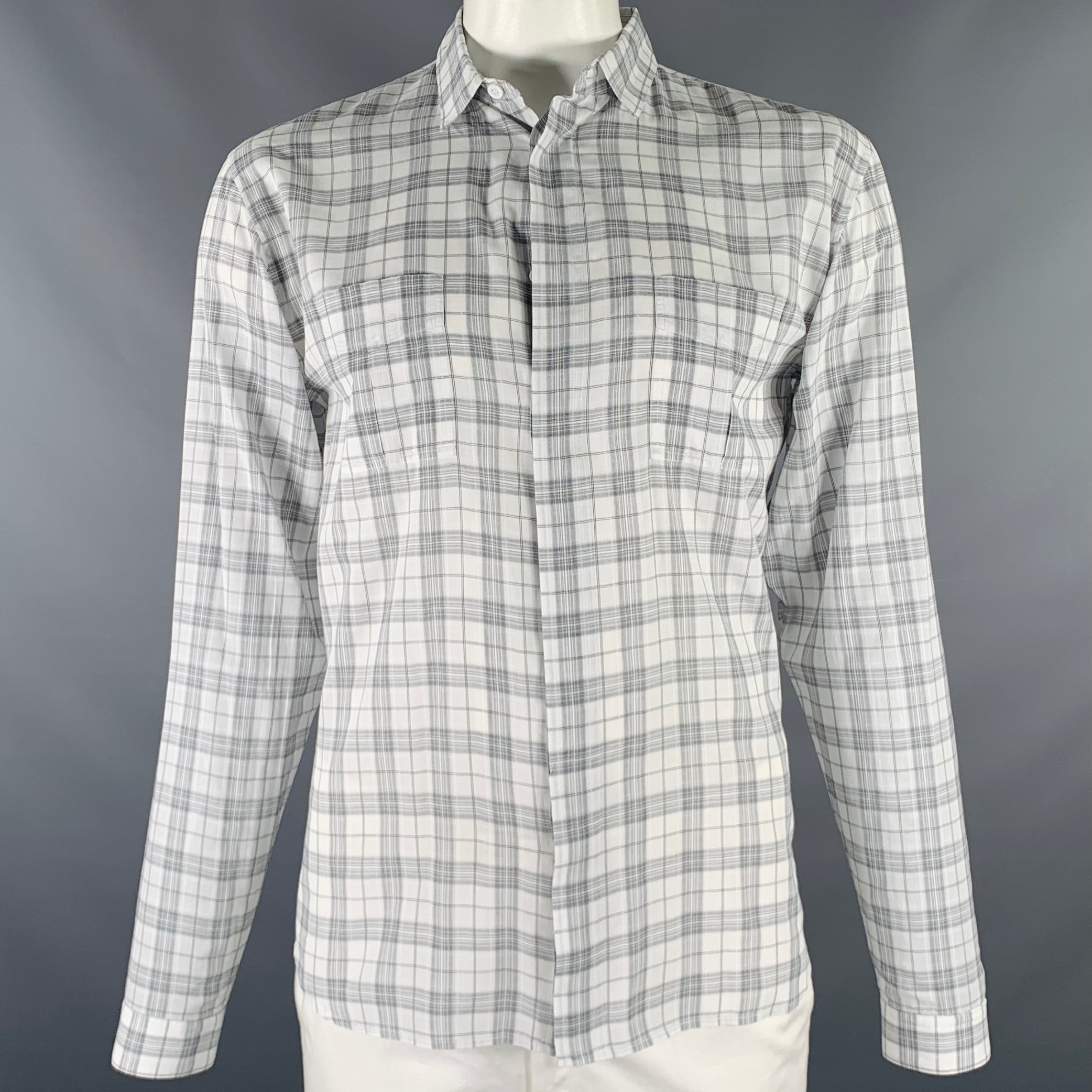 DIOR HOMME Size L White Grey Plaid Cotton Button Up Long Sleeve