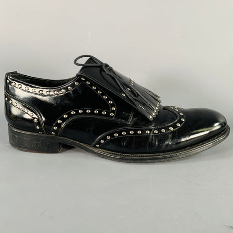 DSQUARED2 Size 11.5 Black Silver Studded Patent Leather Moccasin Lace-Up Shoes