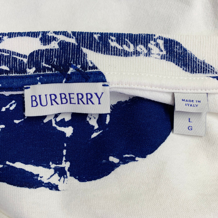 BURBERRY Size L White Blue Logo Print Cotton Blend Short Sleeve T-shirt