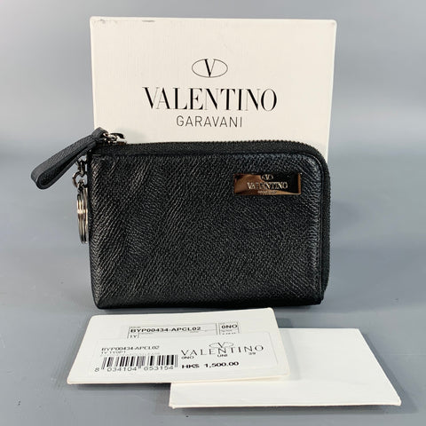 VALENTINO One Size Black Silver Pebble Grain Zip Around Keychain Wallet