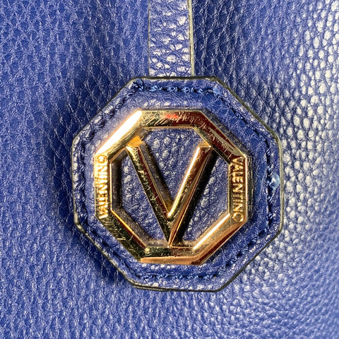 MARIO VALENTINO Blue White Reversible Chevron Pebble Grain Leather Tote Handbag