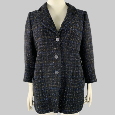 A CHANEL black and navy cotton blend coat with 3/4 sleeves and button closure, displayed on a mannequin.