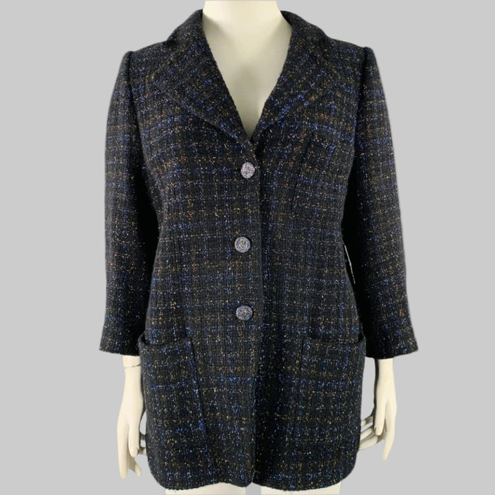 Manteau CHANEL taille 18 noir marine en mélange de coton brillant manches 3/4