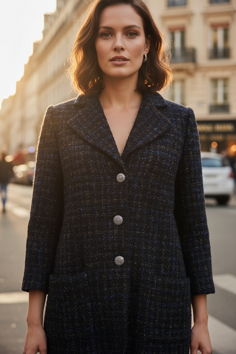 CHANEL Size 18 Black Navy Cotton Blend Shiny 3/4 Sleeves Coat