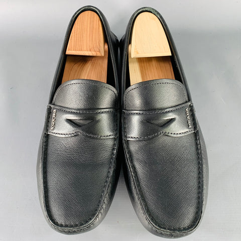 PRADA Size 10.5 Black Saffiano Leather Drivers Penny Loafers