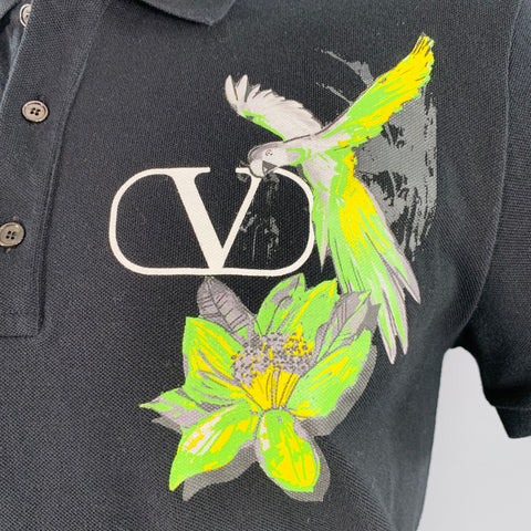 VALENTINO 2020 Size L Black Green Yellow Parrot Graphic Cotton Buttoned Polo