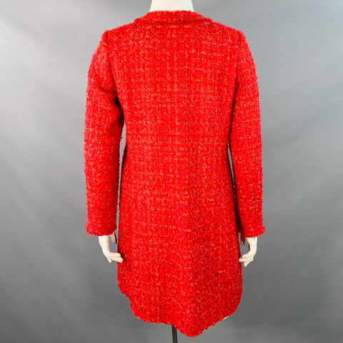 WEILL PARIS Size L Red Acrylic Blend Tweed Hook Eye Collarless Coat