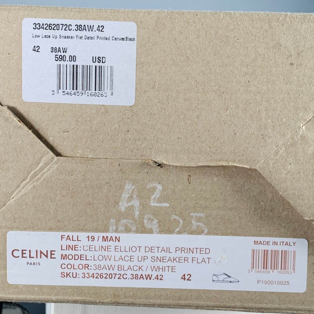 CELINE Fall 2019 Size 9 Black White Marbled Canvas Lace-Up Sneakers