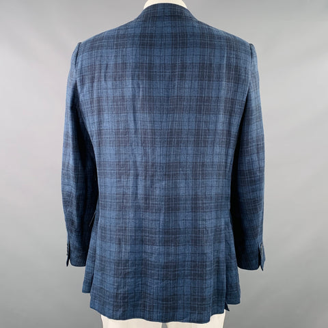 ERMENEGILDO ZEGNA Size 48 Regular Blue Navy Plaid Notch Lapel Sport Coat