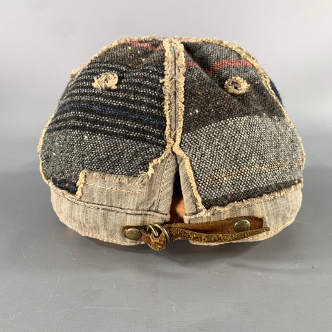 KAPITAL Grey Navy Patchwork Leather Trim Wool Blend Hats