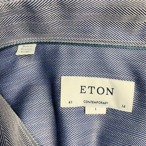 ETON Size L Navy White Herringbone Twill Cotton Curved Cutaway Long Sleeve Shirt