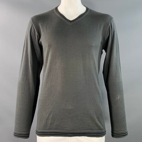 ARMANI COLLEZIONI Size L Grey Black Contrast Trim Virgin Wool Cotton V-Neck Pullover