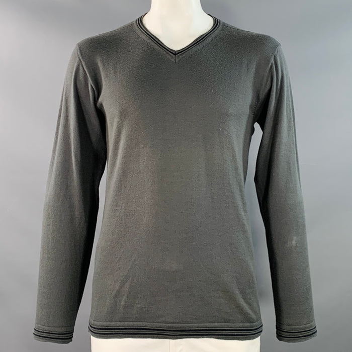ARMANI COLLEZIONI Size L Grey Black Contrast Trim Virgin Wool Cotton V-Neck Pullover