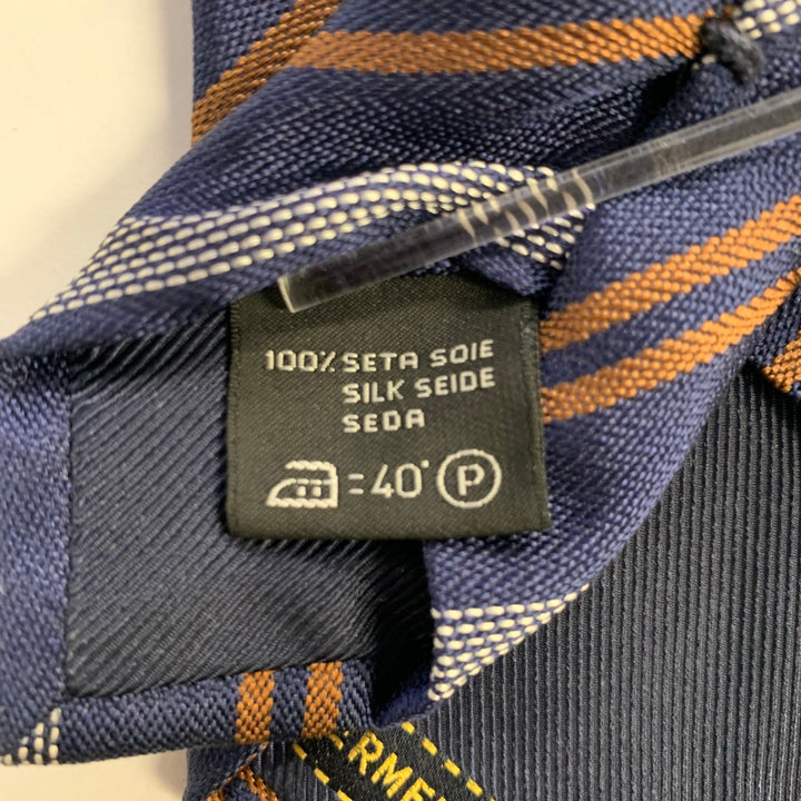 ERMENEGILDO ZEGNA Navy Brown Grey Diagonal Stripe Silk Tie