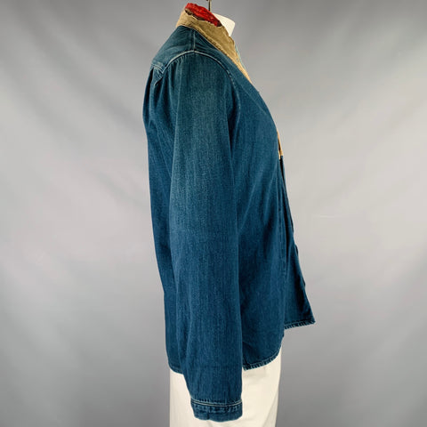 KOUNTRY Size XL Blue Tan Patch Cotton Blend Embroidered Cardigan