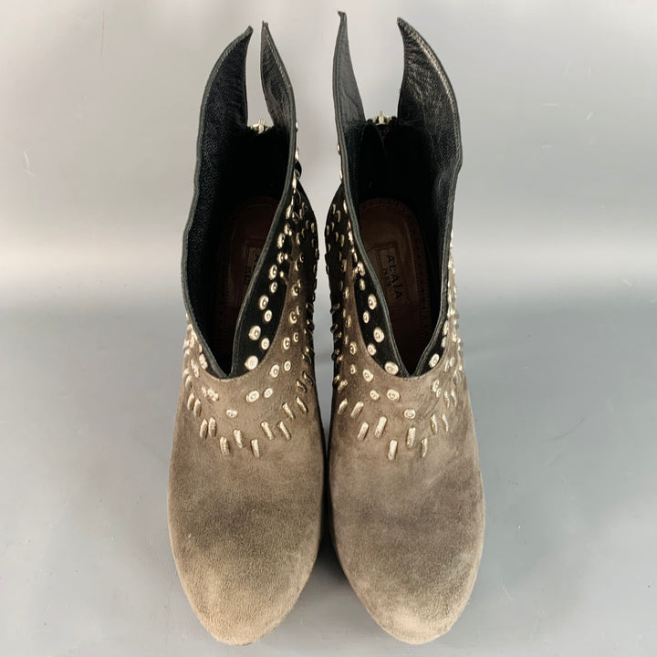 ALAIA Size 7.5 Black Grey Studded Suede Back Zipper Stiletto Booties