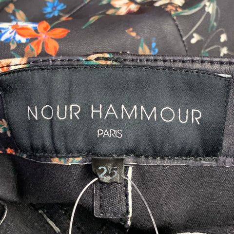 NOUR HAMMOUR Size 25 Black Multi Color Lambskin Leather Floral Skinny Casual Pants