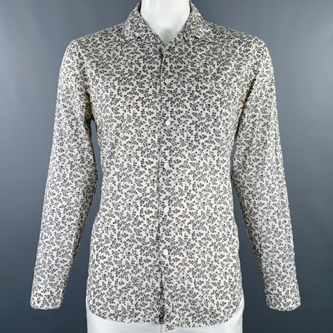 JOHN VARVATOS Taille L Chemise à manches longues en coton avec une poche à motifs de feuilles bleu marine et écru
