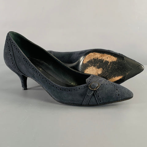SERGIO ROSSI Size 6.5 Navy Suede Perforated Kitten Heel Pumps