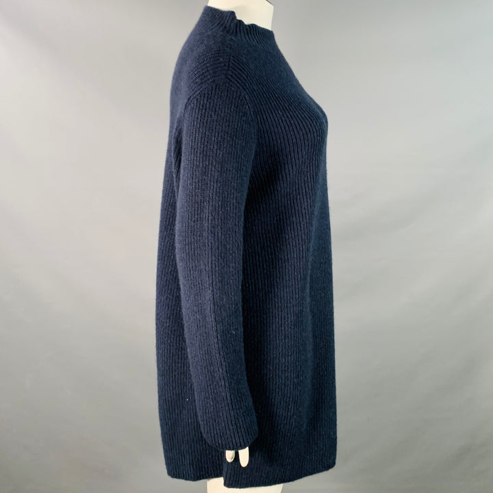 AKRIS Size 12 Navy Cashmere Rib Knit Mock Neck Sweater