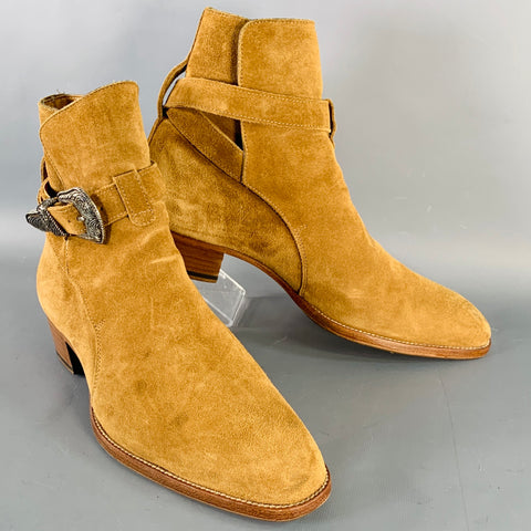 SAINT LAURENT Size 8 Hedi Strap Tan Silver Suede Western Buckle Boots