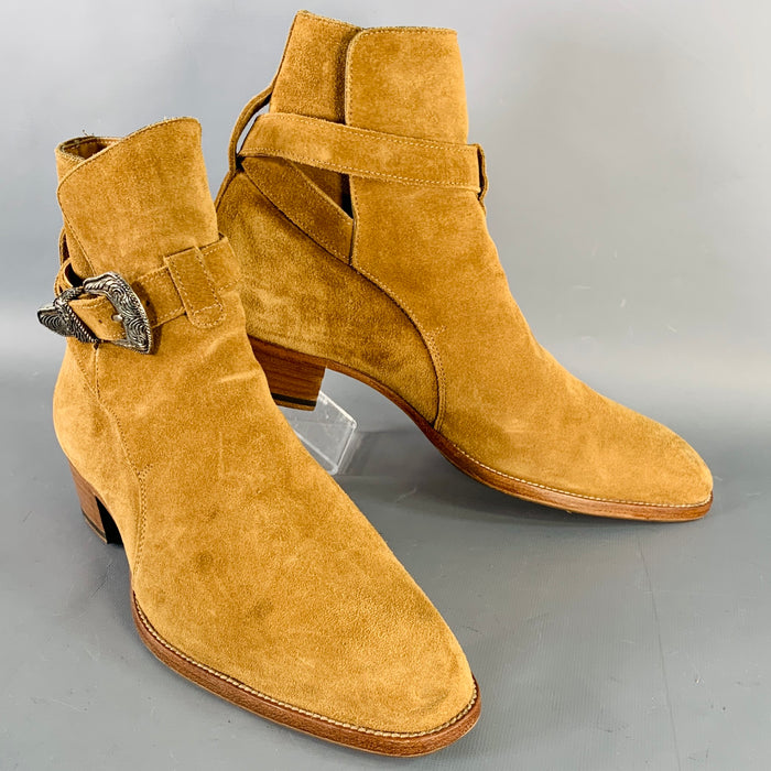 SAINT LAURENT Size 8 Hedi Strap Tan Silver Suede Western Buckle Boots