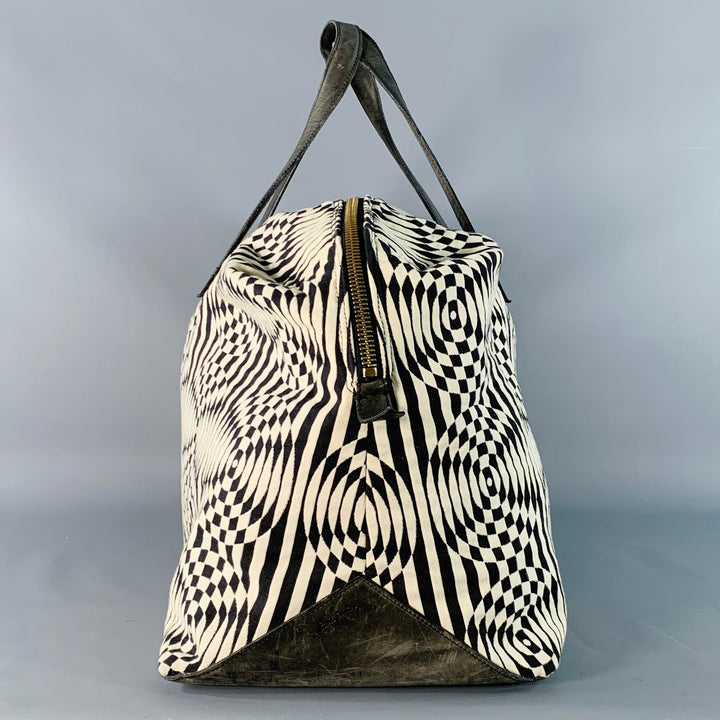 PAUL SMITH Black White Geometric Leather Trim Canvas Weekender Bag