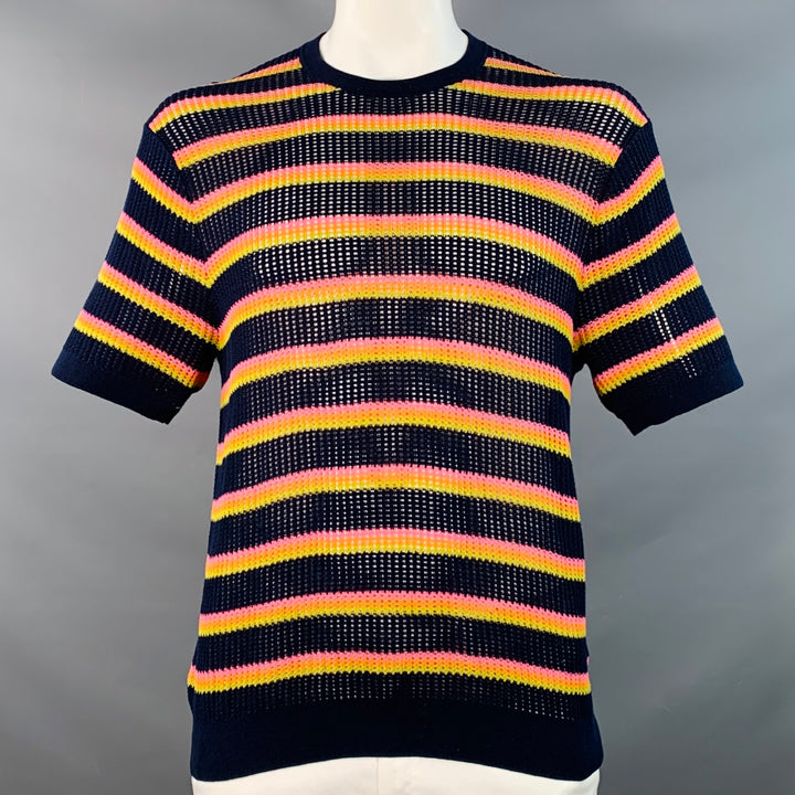 MR TURK Size XL Navy Multi Color Stripe Cotton Knit Mesh T-shirt
