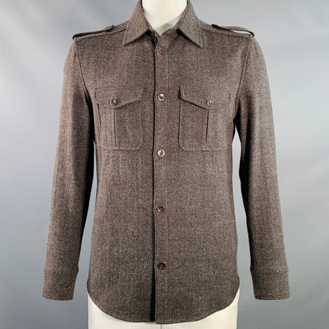 DKNY Size L Brown Grey Herringbone Wool Blend Two Pockets Long Sleeve Shirt