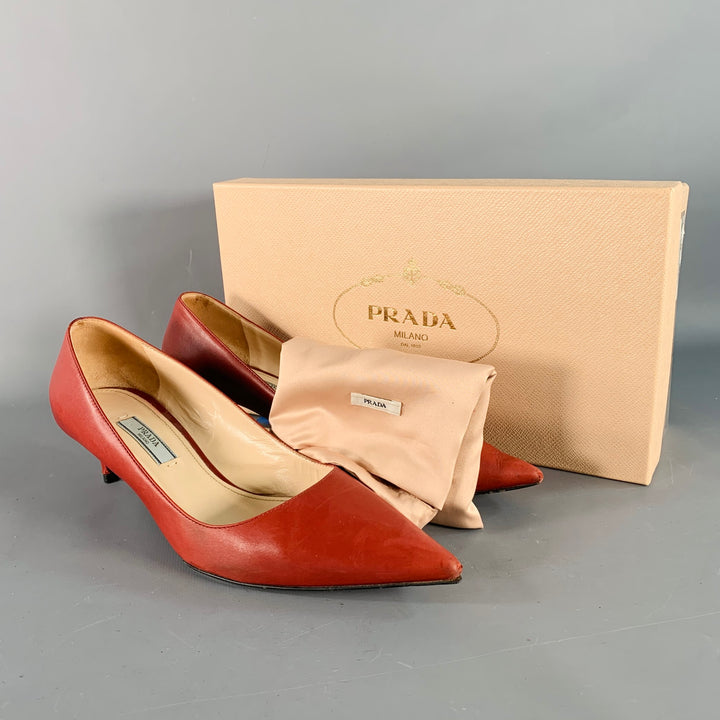 PRADA Size 8 Red Leather Kitten Heel Pointed Toe Pumps