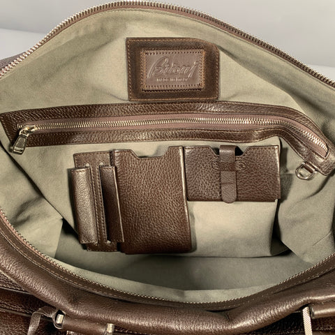 BRIONI Brown Pebble Grain Leather Duffle Bags