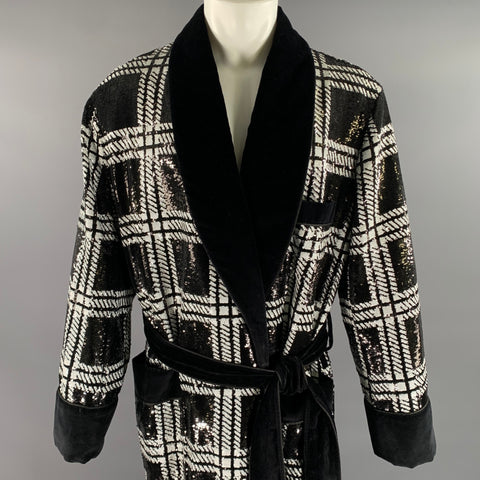 DOLCE & GABBANA TAILORED by Size 46 Black White Sequined Plaid Cotton Robe Coat