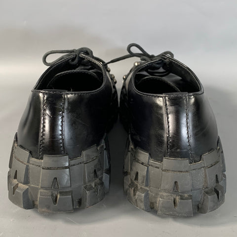 PRADA FW2019 Size 9 Black Gunmetal Studded Leather Cap Toe Lace Up Shoes