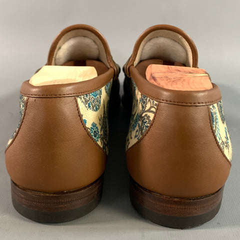 GUCCI Size 6.5 Cream Brown & Teal Paisley Mixed Fabrics Horsebit Loafers
