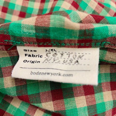BODE Size L/XL Green Beige Red Checkered Cotton One Pocket Short Sleeve Shirt